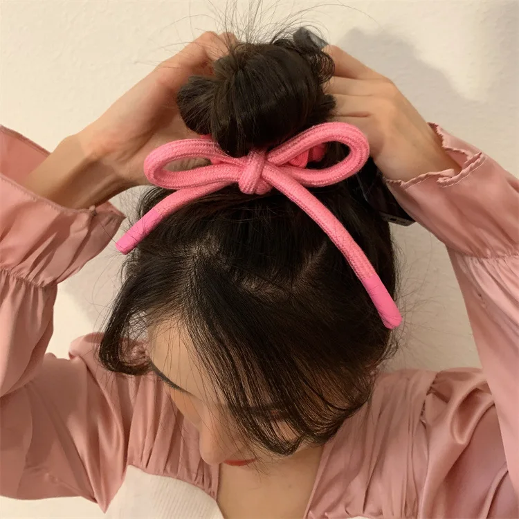 Bonito arco rosa bandana intestino grande anel de cabelo faixa de borracha feminino gravata cabeça novo rabo de cavalo corda de cabelo chapelaria