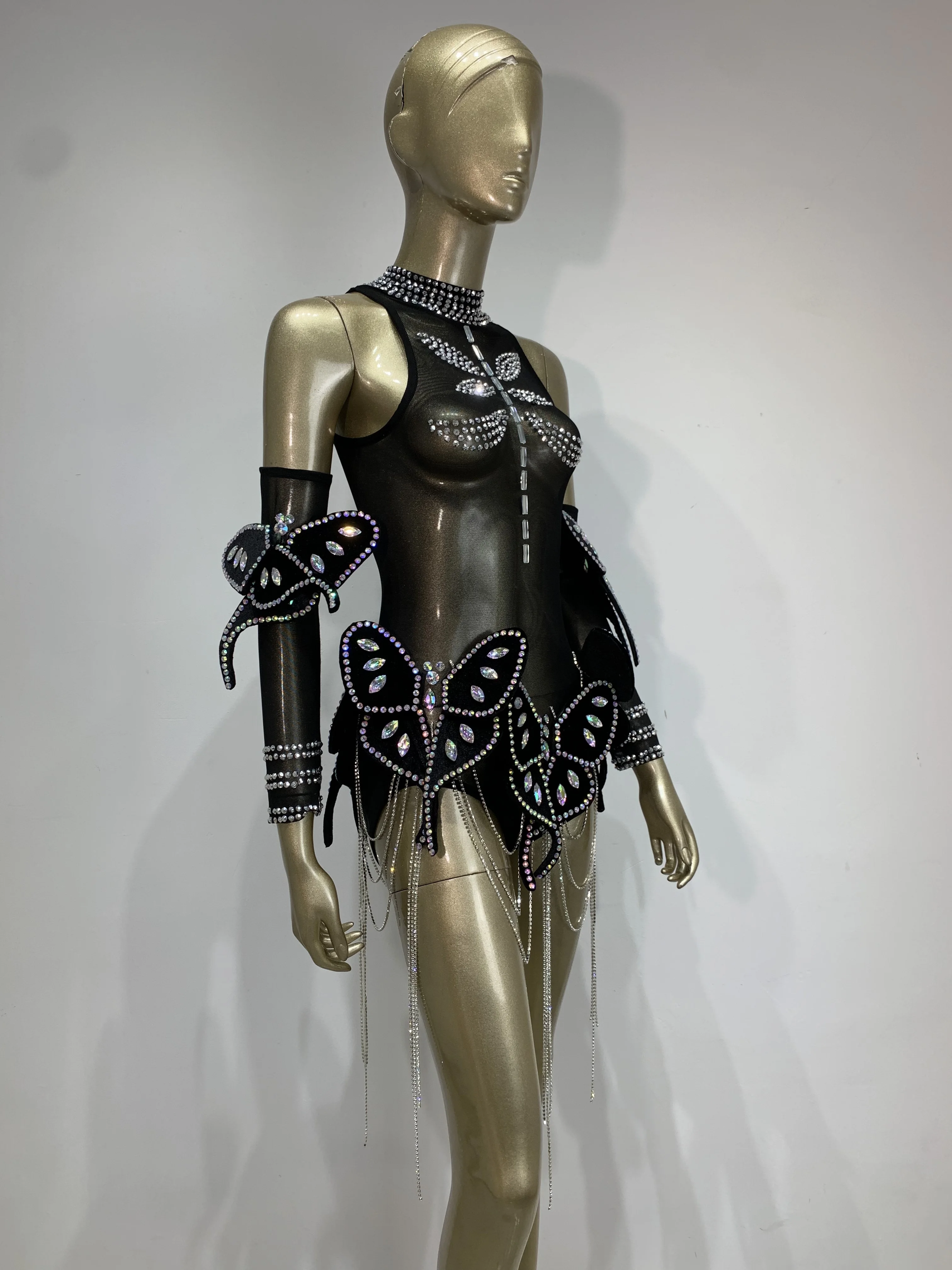 Body extensible avec chaîne papillon et strass scintillants pour femmes, avec manches, maille transparente, Costume de scène pour chanteur DJ en boîte de nuit