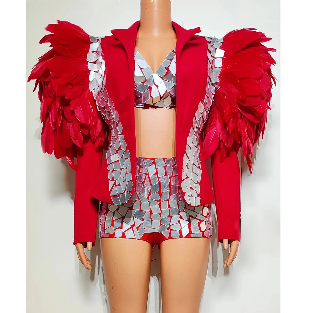 White Feather Mirror Coat Sequin Bikini Nightclub Stage Performance Dance Outfit Singer Concert Exaggerated Drag Queen Costume