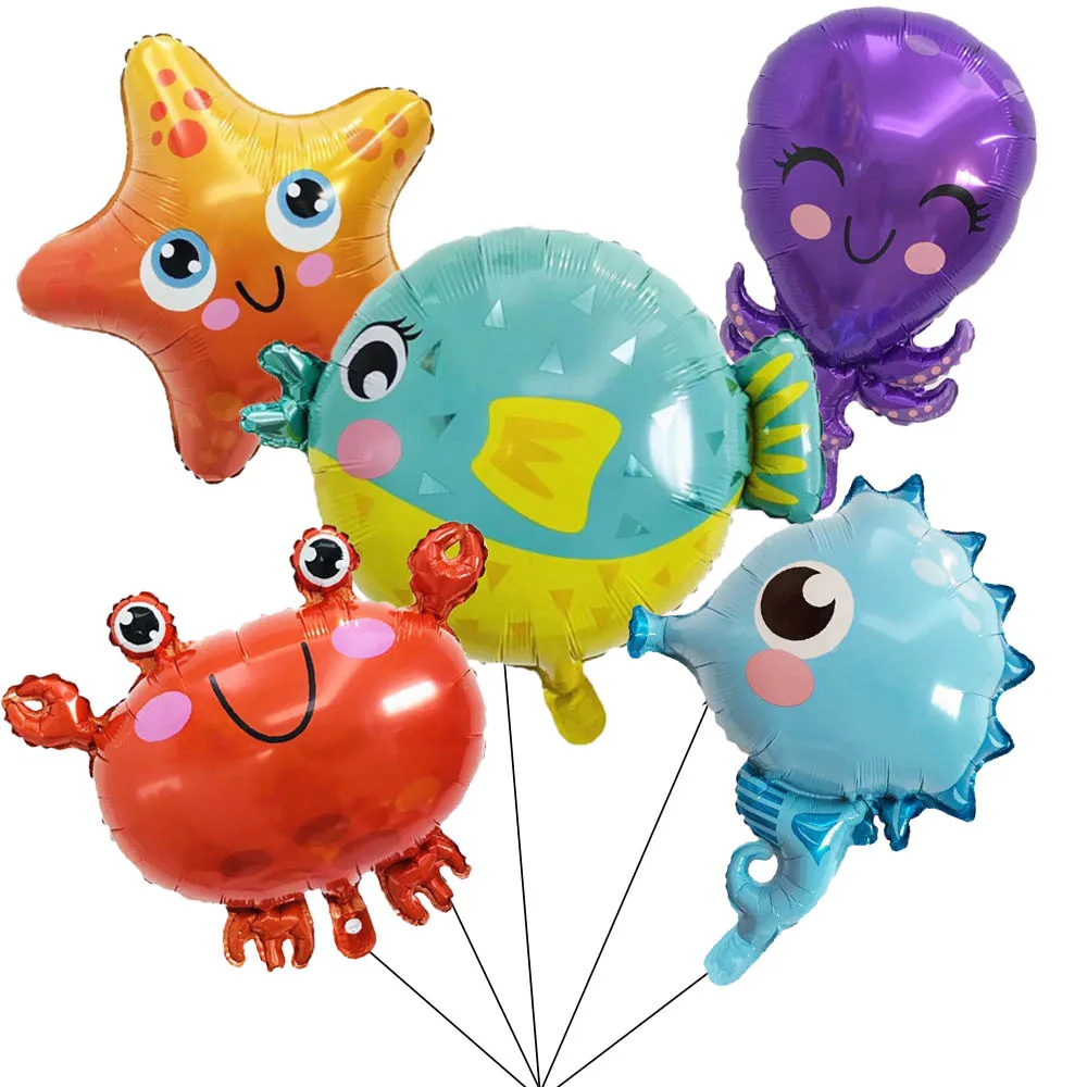 5 Stück Unterwasser-Party-Deko-Ballons, Meerestiere, Seepferdchen, Seestern, Krabbe, Oktopus, Folienballons, Geschenke, Kindergeburtstag, Party