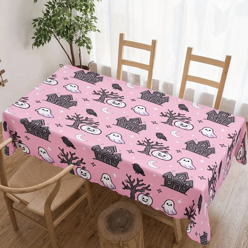 Halloween Rectangle Table Cloth Pink Haunted House Ghost Crow Pumpkin Table Cover Halloween Tablecloth for Kitchen Dining Decor