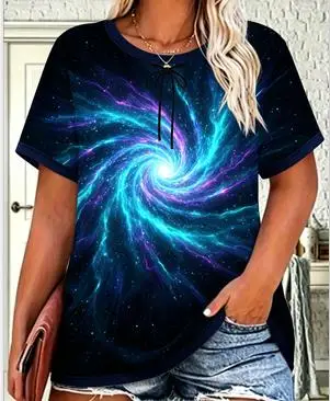 Women Contrast Trim Short Sleeve T-shirt Lightning Vortex Cloud Sky Print Casual Summer Tee