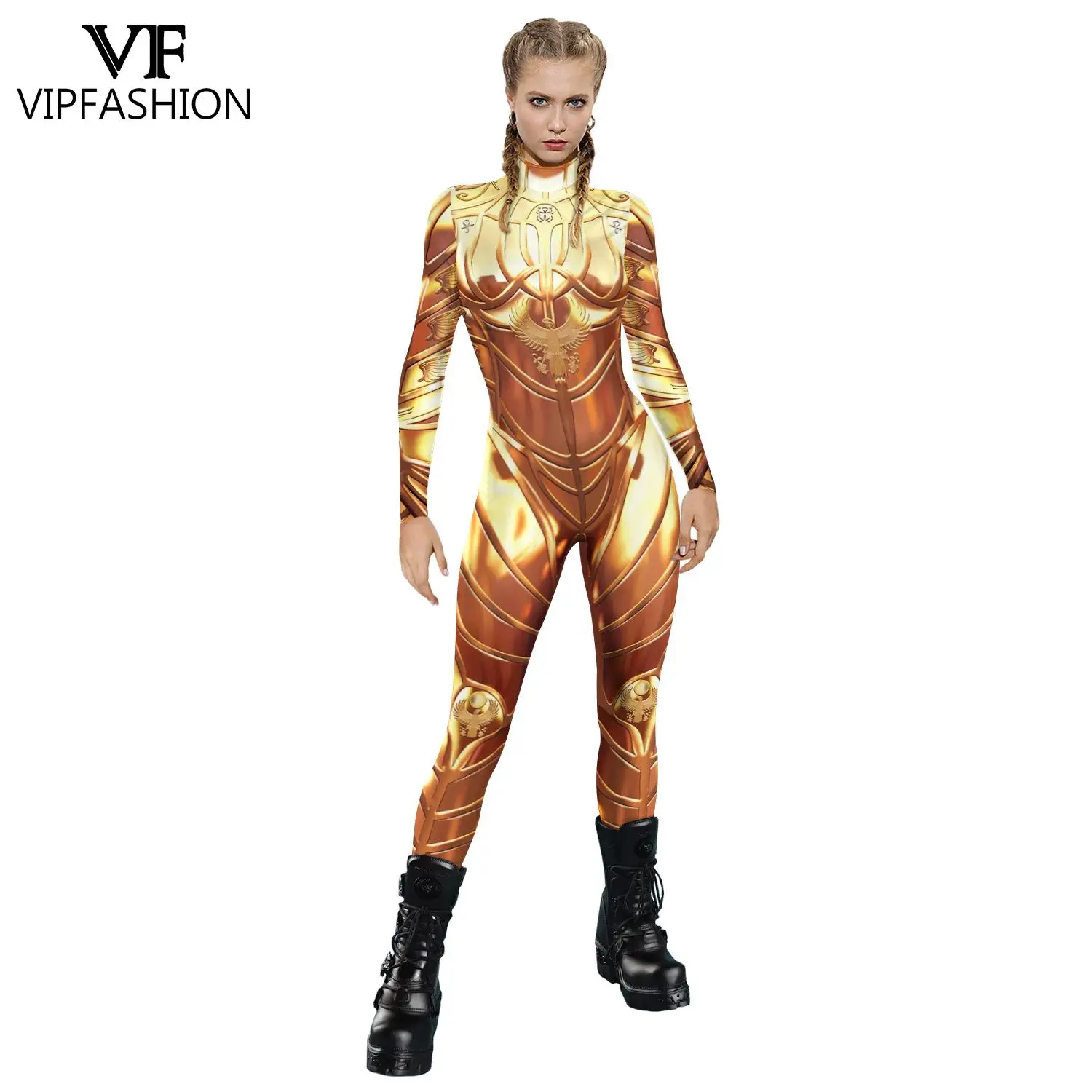 

VIP FASHION Punk Jumpsuits Women Robot Print Cosplay Costume 12% Spandex Zentai Bodysuit Girl Halloween Party Outfit Back Zipper