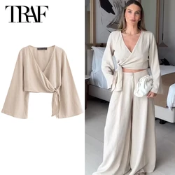 TRAF  Women's Shirt Spring Summer 2024 Wrap Crop Top Female's Linen V-Neck Long Sleeve Lace-Up Top Fashion Elegant Street Shirts