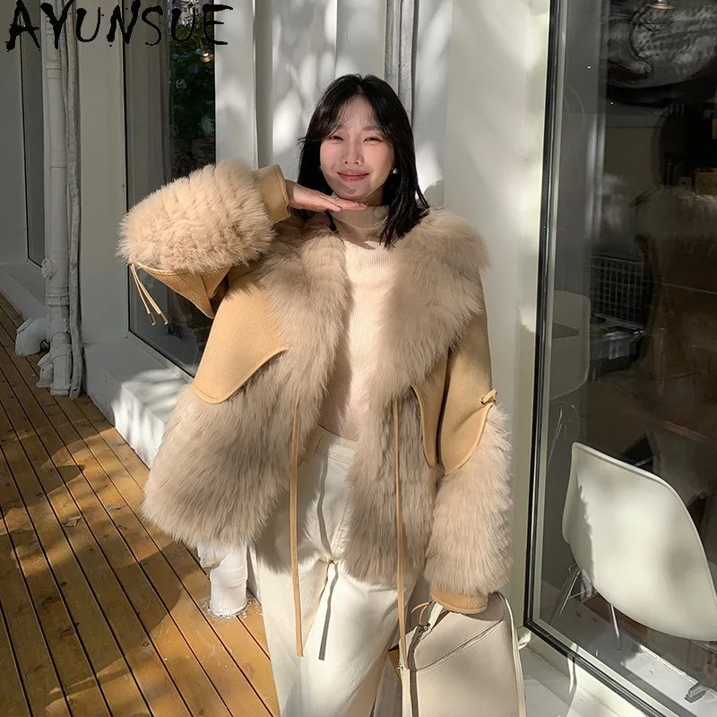 AYUNSUE Women Short Fox Fur Coat Double Face Woolen Overcoat Goose Down Liner Females Winter Clothing Jackets for Women Fashion
