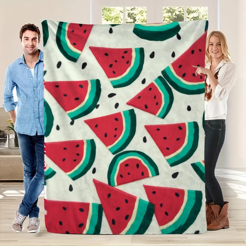 Womens Watermelon Slice Plush Flannel Blanket - Ultra-Soft 280GSM All-Season Bedspread with Watermelon Slice Pattern Cozy Lightweight Throw for Couch Bed Travel - Fruit Bedspread Gift for & Women Soft Bedding Accessory( Green/White Blanket, Be 280GSM