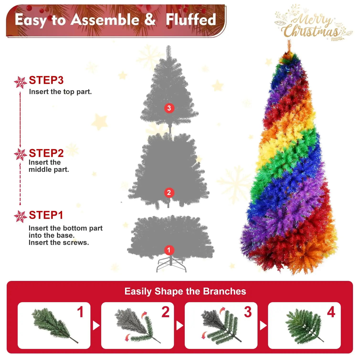 7.5ft Rainbow Spiral Christmas Tree, 1825 PVC Branch Tips