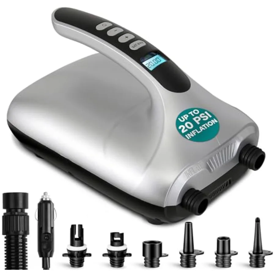 Paddle Board Pump Electric - Portable 20 PSI Dual-Stage Air Compressor for Super Fast Inflation and Deflation Auto-Off LCD Disp
