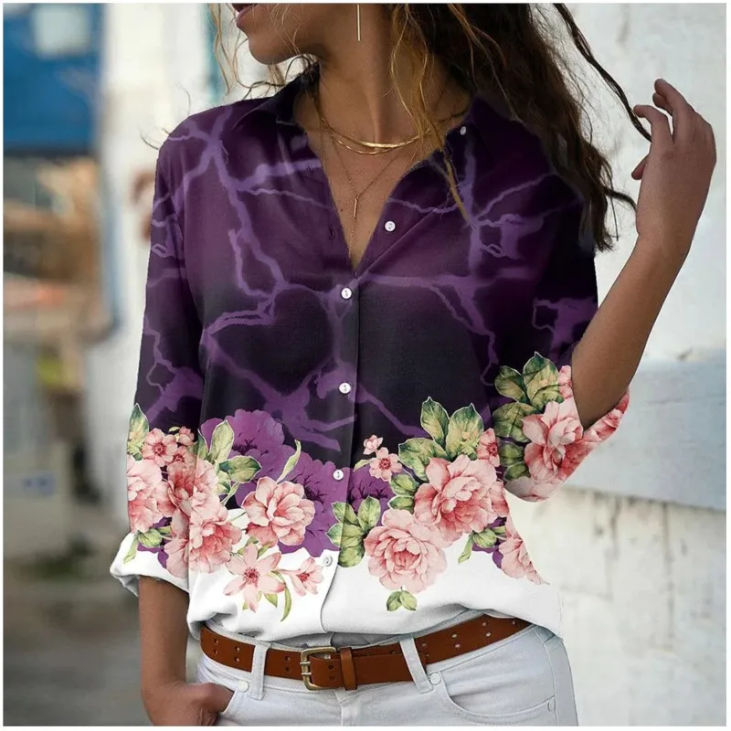 Women's Lapel Long Sleeve Single Row Button Shirt Spring And Autumn 3D Digital Printing Floral Casual Powder Blusher Shirt