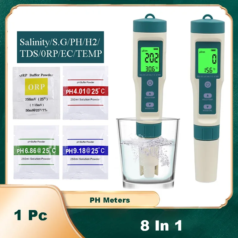 

8 in 1 Digital Water Quality PH Test Pen TDS/EC/PH/ORP Temp Meter Analysis Instruments Hydrogen-rich Drinking Water Tester