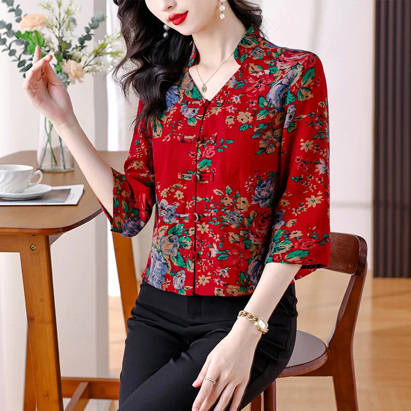 Women Clothing Vintage Chinese Style Chic Button Printing Shirt Summer V-neck Loose Plus Size Cardigan Lady Fashion Elegant Tops