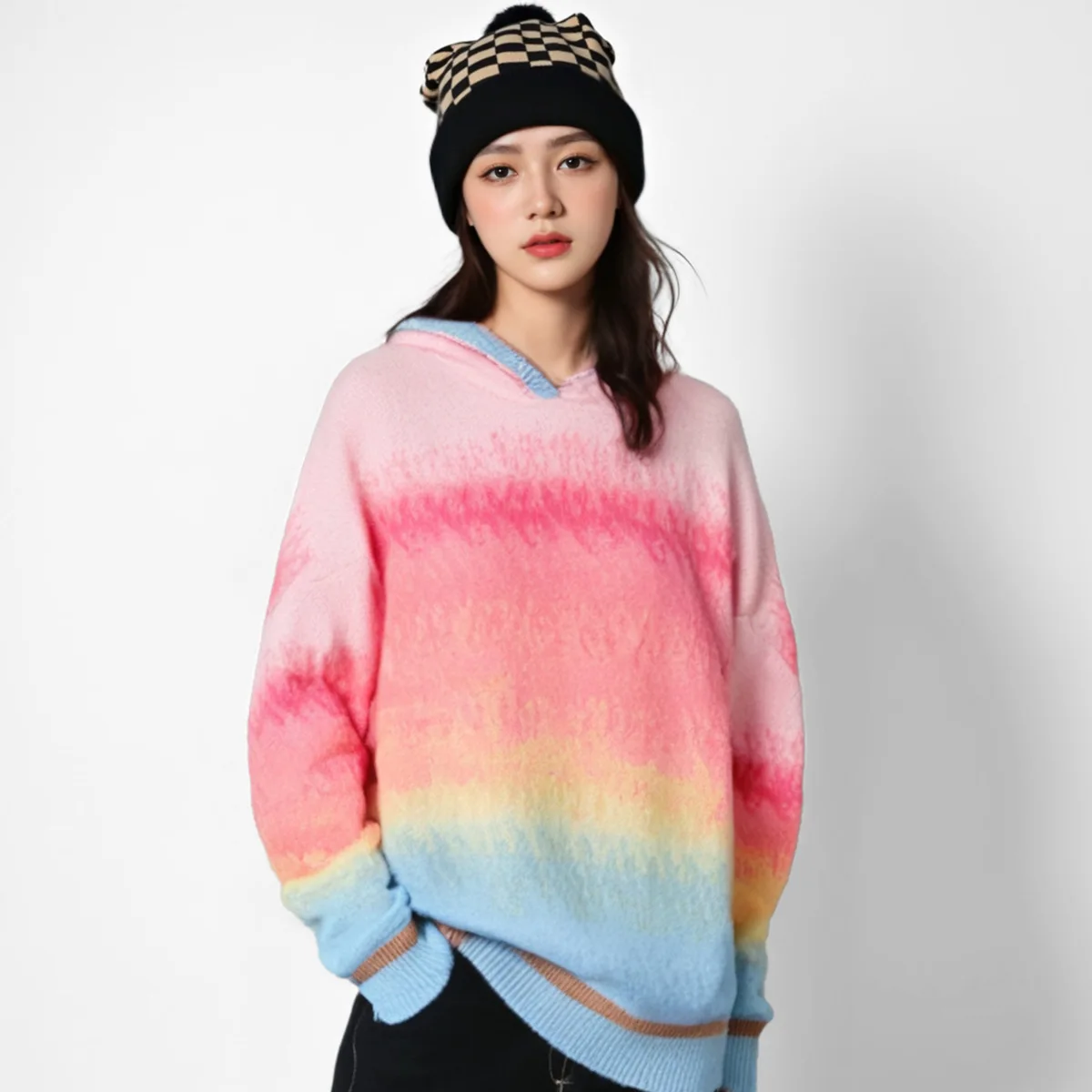 Felpa con cappuccio lavorata a maglia arcobaleno da donna Faionable Versatile Allentato Bianco Casual Lungo Sve rotondo Ne Pullover Maglione Autunno Nuovo Ar...