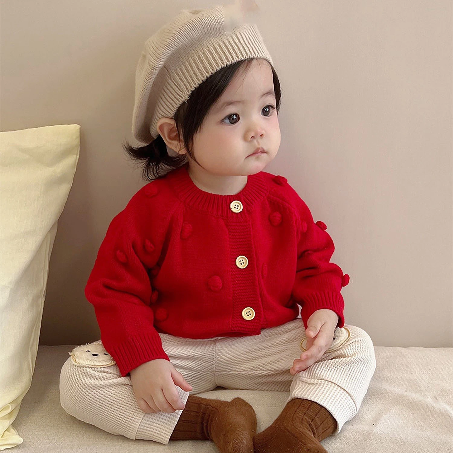 Christmas Baby Girls Red Sweater Cardigan Fashion Thickened Warm O-neck Knitted Coats Infant 3D Ball Cotton Sweater Jackets