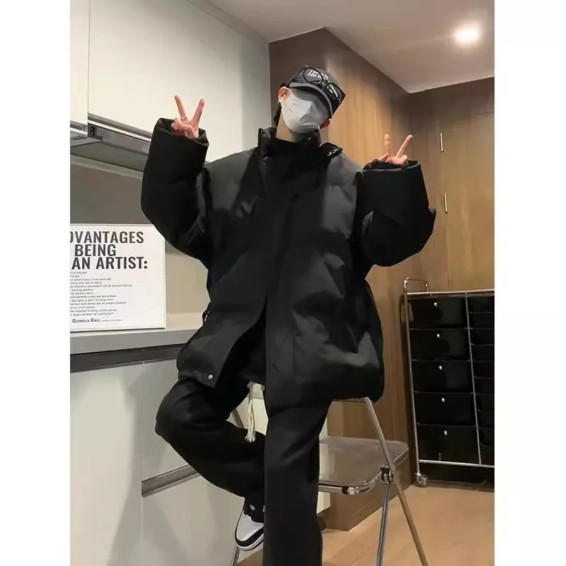 Pure black lightweight down jacket for men, winter youth, two cotton jacket, cotton jacket, high street standing collar face