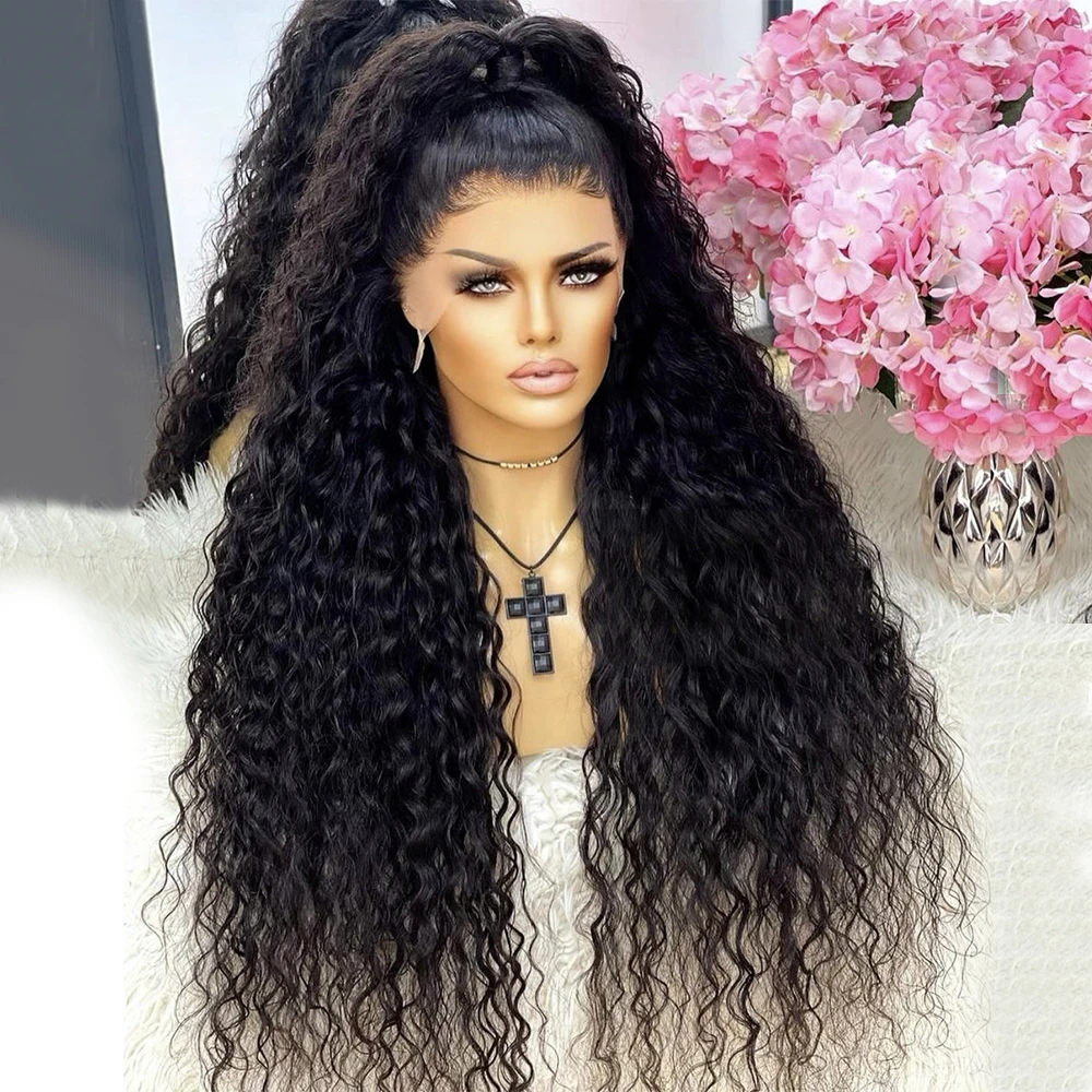 Soft Glueless 26inch Long 180Density Natural Black Kinky Curly Deep Lace Front Wig For Women With Baby Hair Preplucked Daily