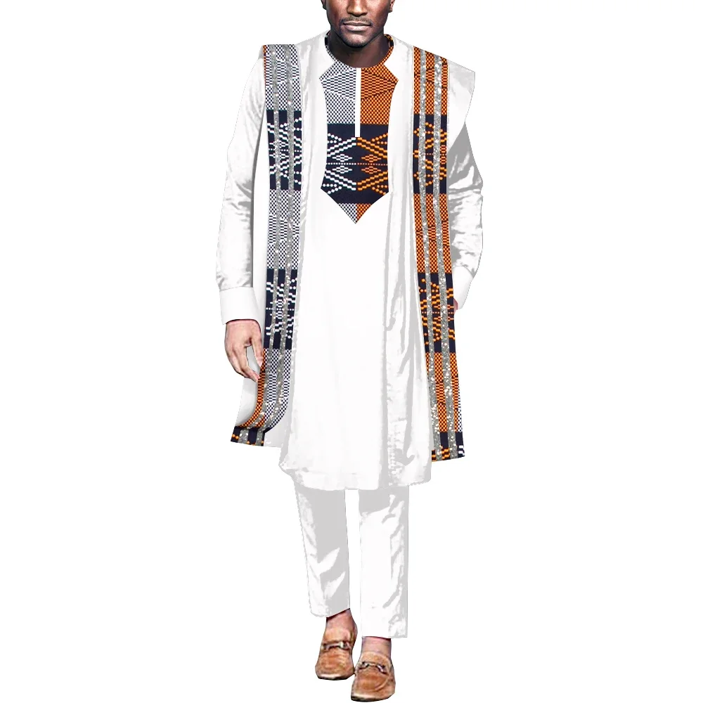 African Clothes for Men Dashiki Agbada Robe Suits 3 Pcs Set Loose Coat Shirt and Pant Patchwork Men African Style Outfit WYN1848