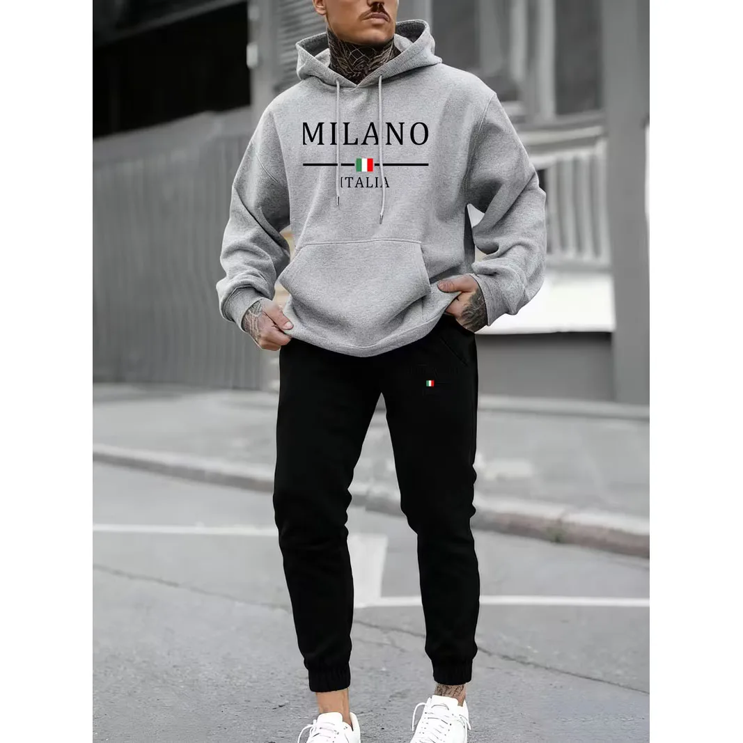 

2025 Men's two-piece casual round-neck long-sleeved hooded sweatshirt and sweatpants set, suitable for both winter and autumn