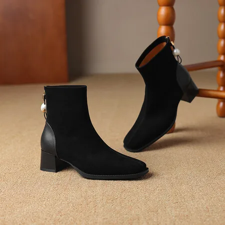 

Women’s Handmade Genuine Sheepskin Suede Ankle Boots Square Toe High Chunky Heel Versatile Slim Fit British Style Boots