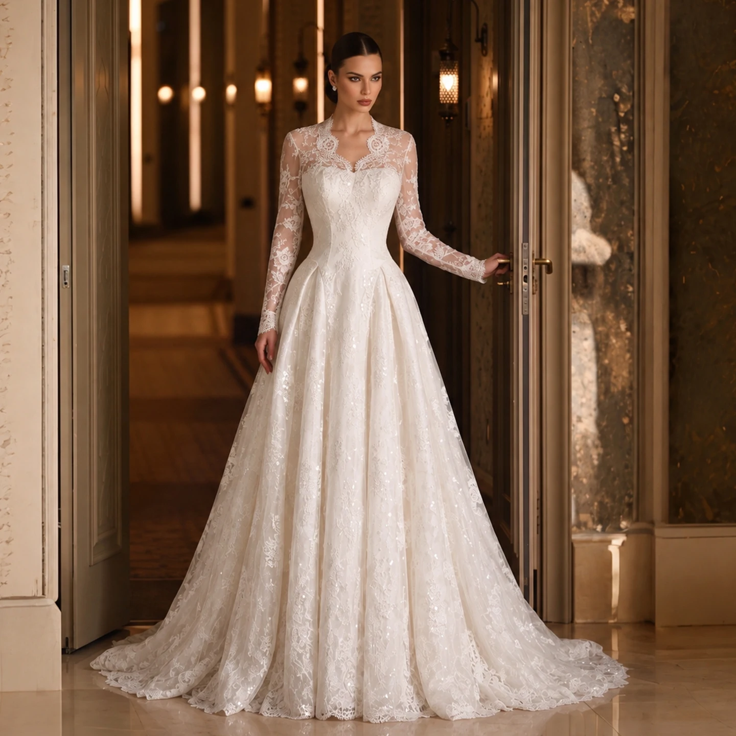 Sharon Said Elegant Off White V-Neck Lace Wedding Dress Pearl Sequins A-Line With Veil For Women Bridal Gown SW672 Customized