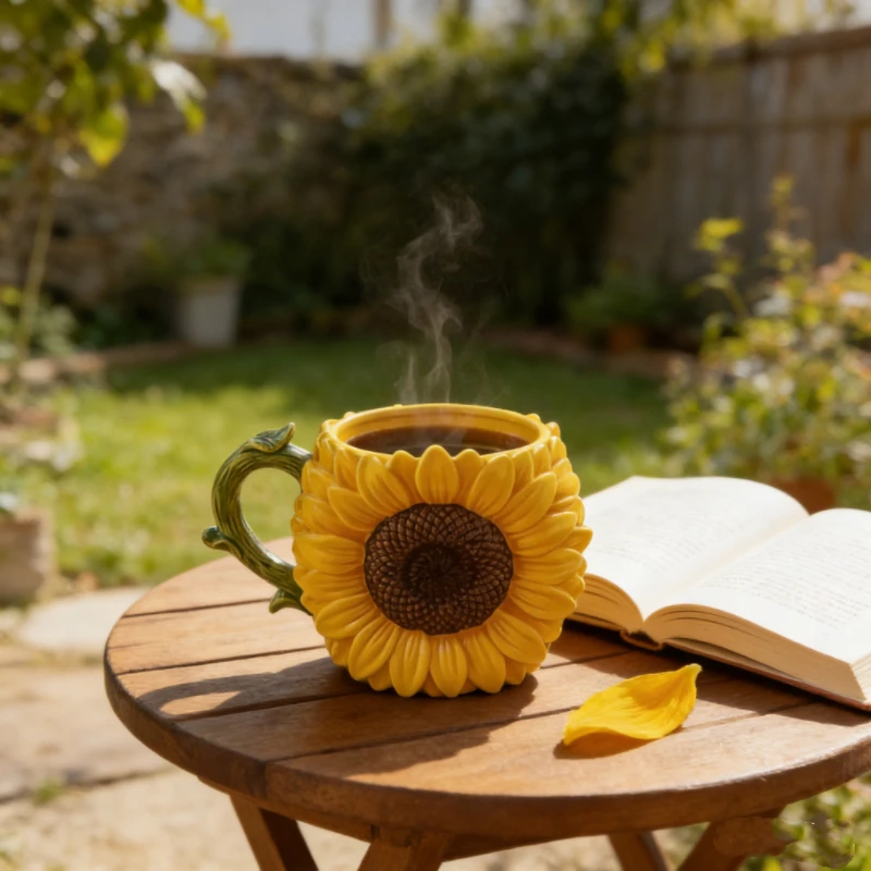 Sunflower Ceramic Coffee Mug - 3D Floral Novelty Cup, Yellow Decorative Mug for Home Office & Gift Use view 3