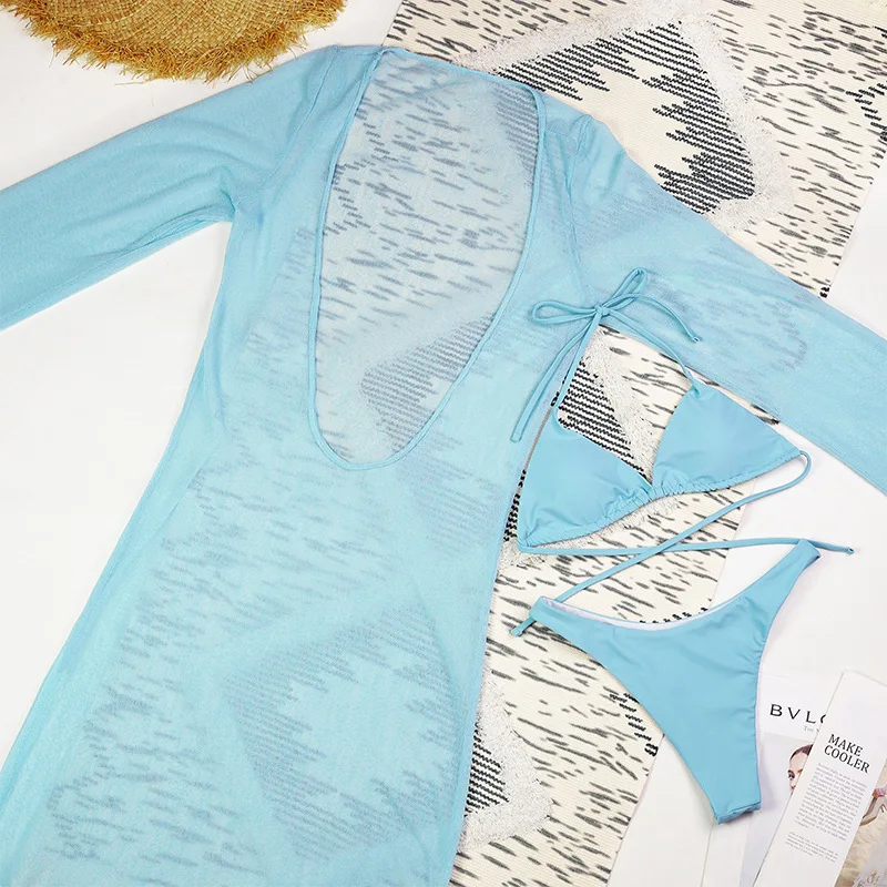 2025, neues glamouröses hellblaues Bikinioberteil und -Unterteil mit fließendem Überzug, perfekt für Strandbekleidung und Poolpartys, Sommerausflüge