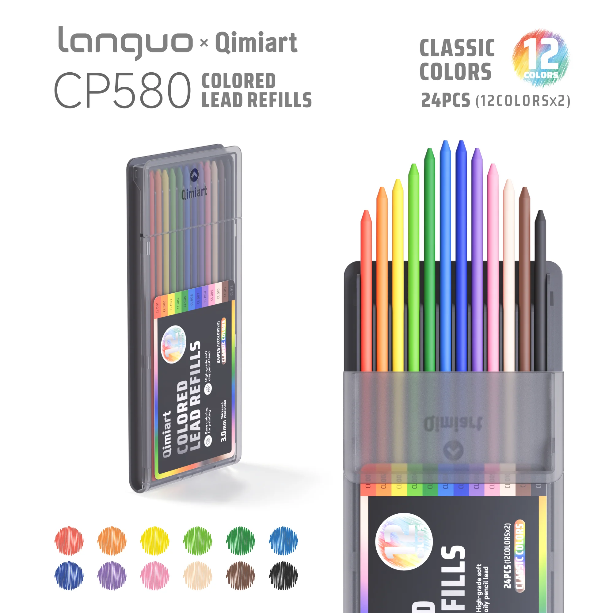 Languo 12 Kleuren Intrekbare Kleurpotloodset, 3,0 mm Dikke Oliebasis Potloodstift, voor Handtekenen, Doodling, Journaling