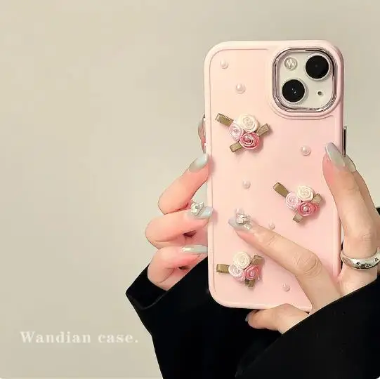 3D Cute Flower Pearl Heart Phone Case for Phone 15 14 13 12 11 Pro Max Plus XS XR X Shockproof Drop Protect Back Cover Luxury