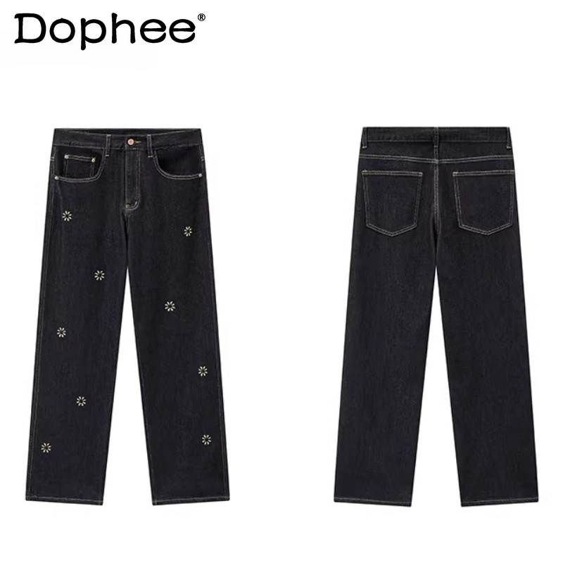

Fashion Embroidered Straight Jeans Men's 2026 Spring High Street Loose Wide Leg Comfort Denim Pants Handsome Chic Denim Trousers