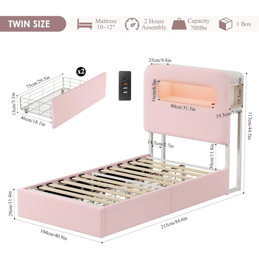 Twin LED-bedframe met opberghoofdeinde, meisjesbedframe met 2 lades en USB-poorten, fluwelen gestoffeerde platformbeddenframes