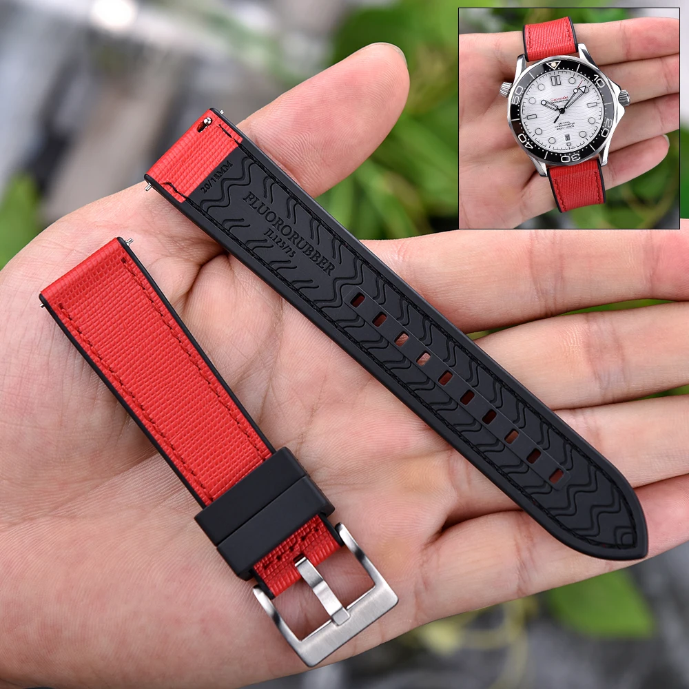 20mm22mm Leather FPM/FKM Rubber Watch Strap Leather Rubber Bottom Watchband Quick Release Strap Leather Band Dive Watch Bracelet