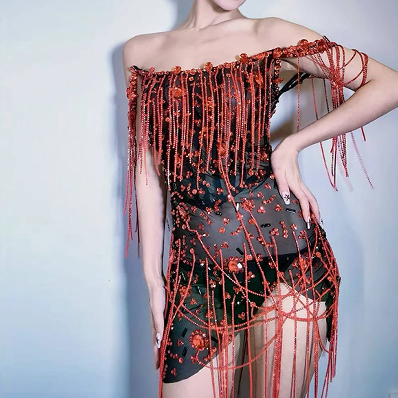 Gogo Abbigliamento da ballo Abiti corti con spalle scoperte Nero Rosso Strass Abito sexy Donna Stage Outfit Party Show Rave Outfit VDL2918