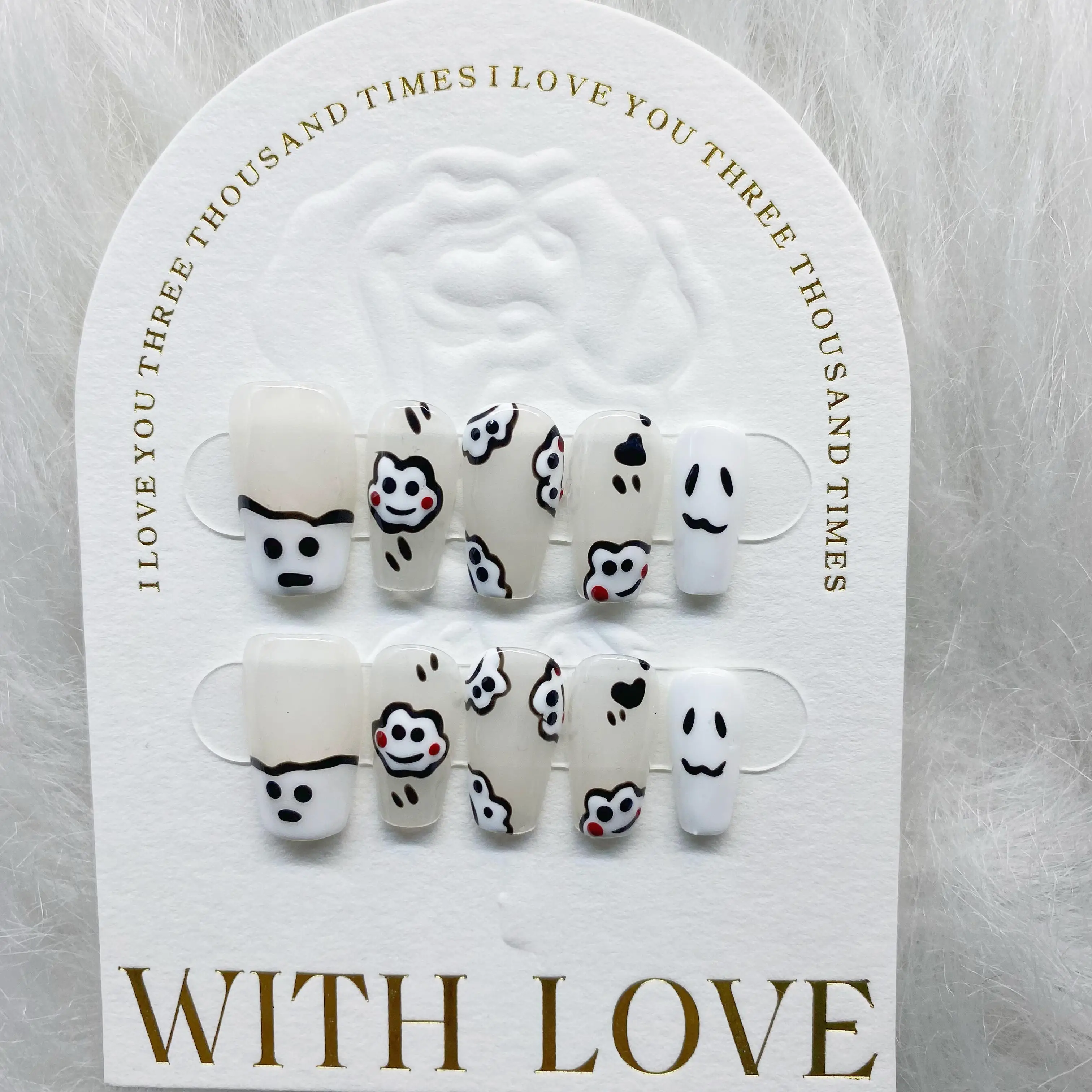 Adorable Cartoon Hand-Painted Puppy Detachable High-Quality Reusable Elegant White Press On Nails.No.D074