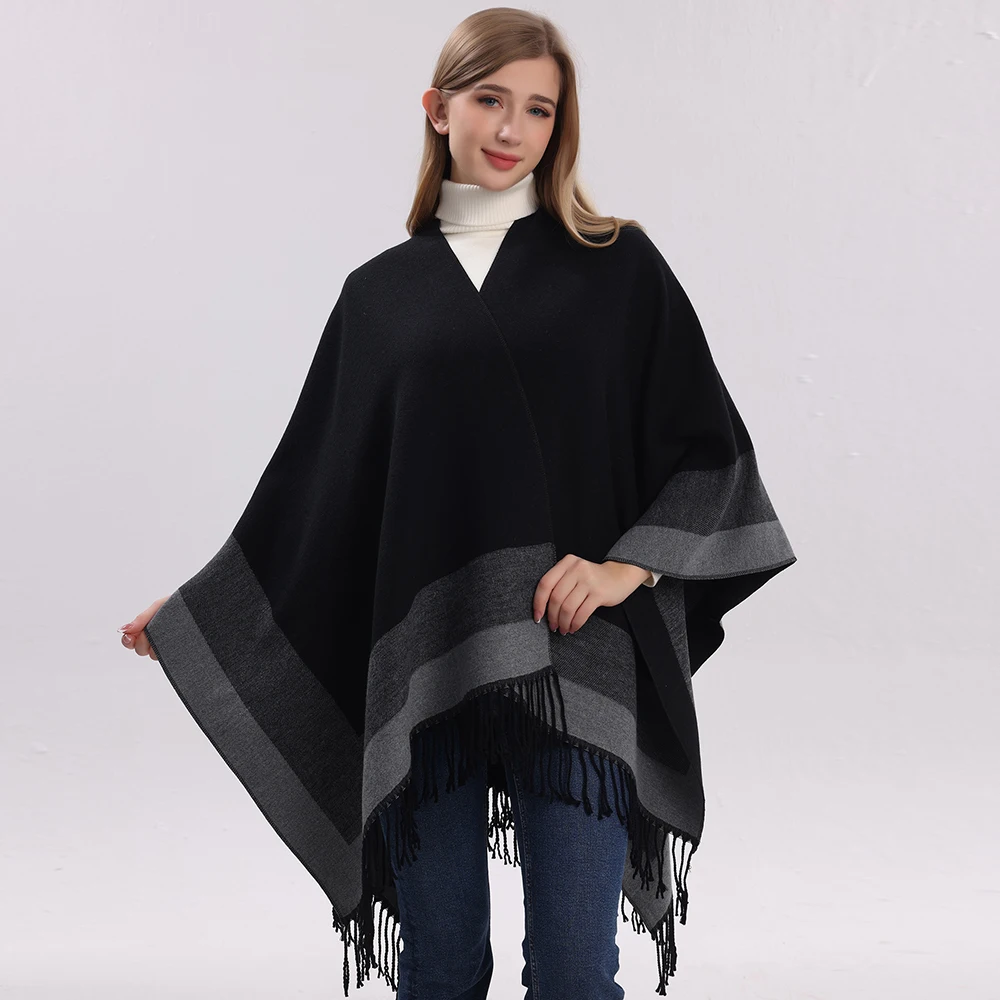 Soft Cozy Core Spun Yarn Color Block Poncho Wraps Women Men Autumn Winter Long Thick Shawl Vintage Cape Outerwear