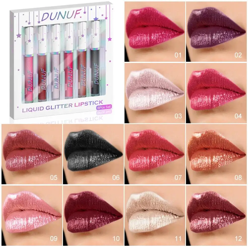Set of 6 Shimmery Lipsticks with Diamond Sparkle Metallic Gloss Waterproof Long Wear Lip Glaze Makeup