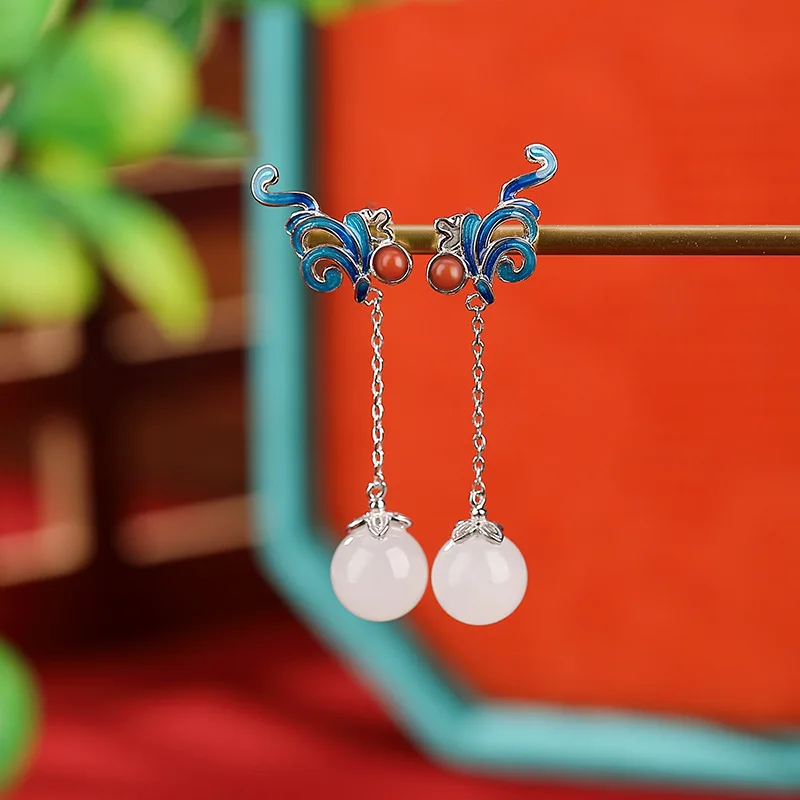 S925 South Red Agate, Hetian , White Jade, Enamel Cloud Pattern Round Bead , Silver Drop Earrings, Ear A