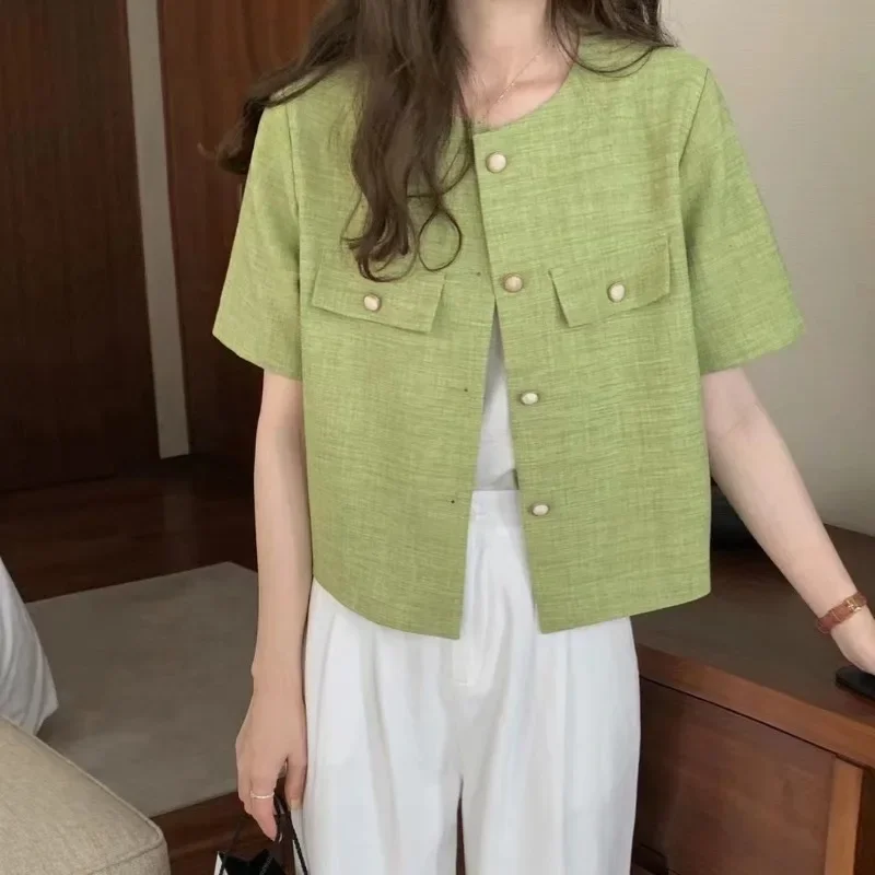 New Green Summer Thin Coat Women Short Sleeve O-neck Single Breasted Buttons Casual Loose Tops Elegant Cardigan Korean Fashion