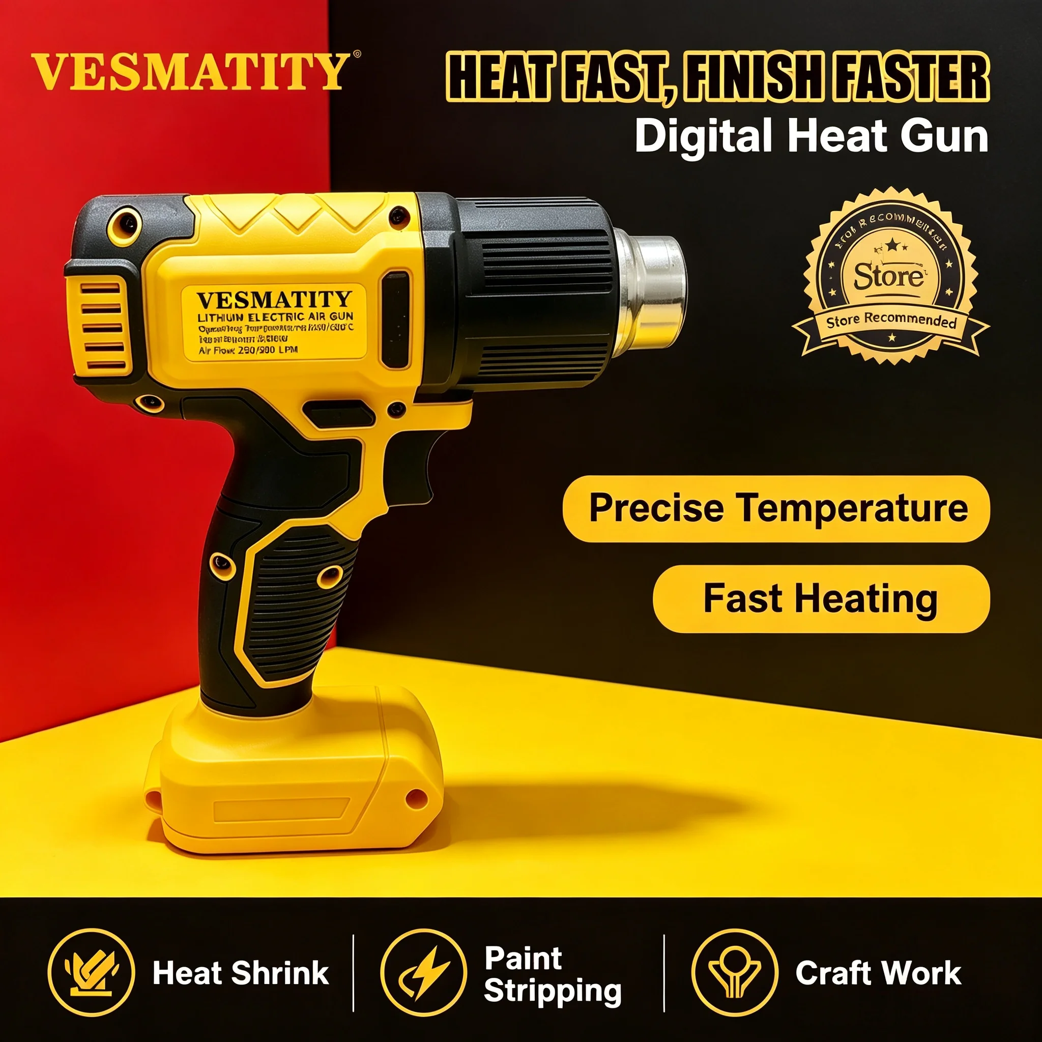 Hot Air Gun Variable Temperature Control DIY Craft for 20V Battery Pro Heavy Cordless Heat Gun 300W 60-540℃ Fast Heating Hot Air