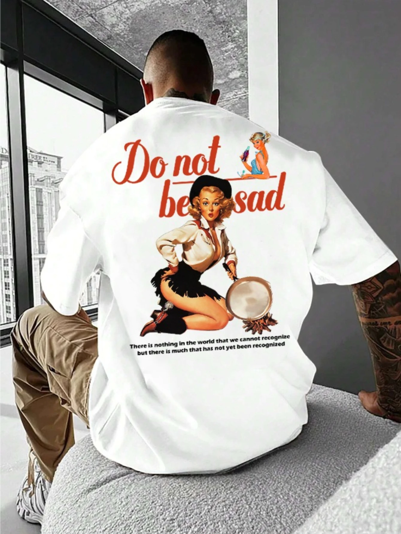 Men Oversized T Shirt Do Not Be Sad Vintage Pin Up Girl Back Print Crew Neck Short Sleeve Retro Street Loose Casual Tee