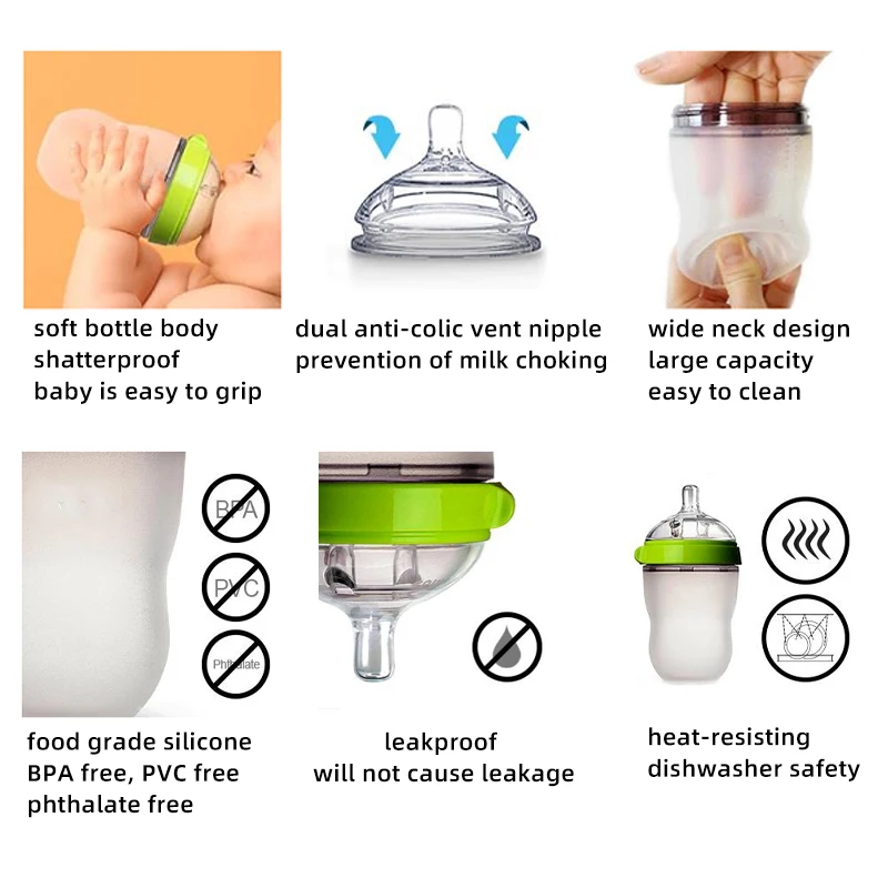 5 oz 8 oz BPA Free Wide Neck Silicone Milk Bottle Shatterproof Newborn Anti Colic Baby Feeding Bottle