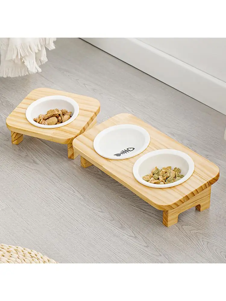 Ceramic Pet Food Bowl, Protects the Cervical Vertebra against Eating Water, Solid Wood, Cat Bowl Holder