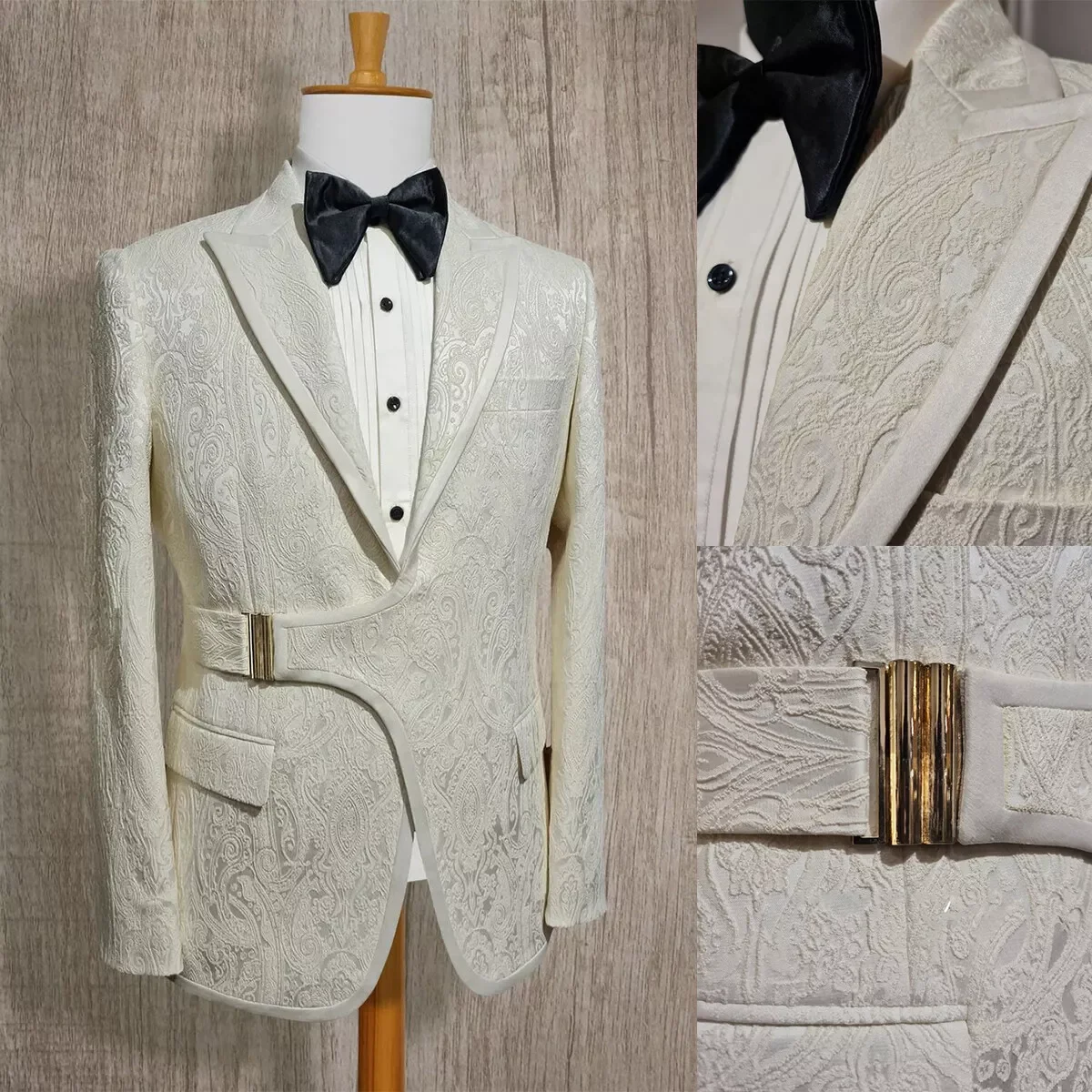 

Ivory Pattern Wedding Men Groom Tuxedos Peaked Lapel Jacket Custom Made Prom Male Birthday Party Coat Jacket One Piece