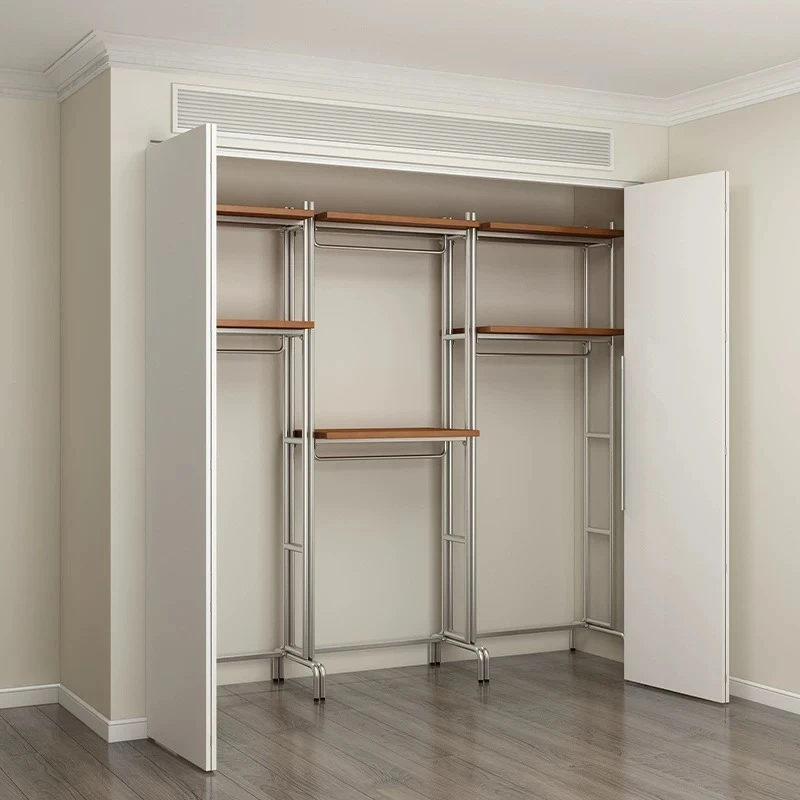 Open wardrobe rack Cloakroom Solid wood metal full hanging walk-in wall wardrobe Steel frame Wrought iron coat rack