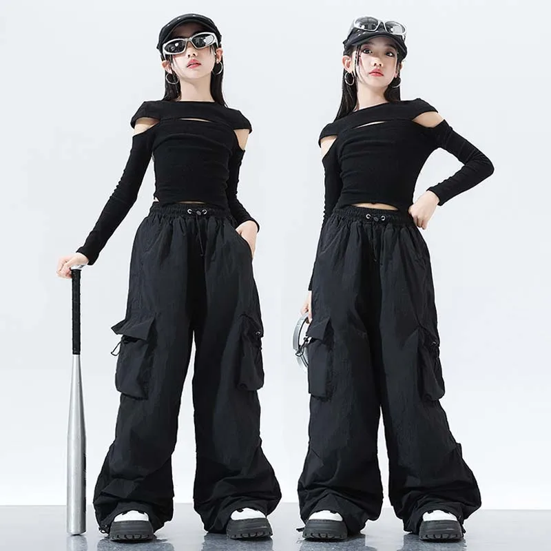 Jazz Dance Costume di scena Ragazze Kpop Hip Hip Abiti da ballo Street Dancewear Bambini Moda Clohtes Nero Top Shuffle Pantaloni VDL1942