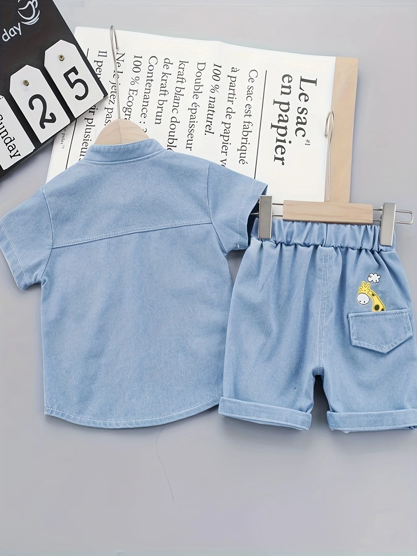 Toddler Baby Boys Summer Denim 2Pcs Outfit Short Sleeve Giraffe Print Stand Collar Shirt Cuffed Casual Shorts Daily Clothing Set