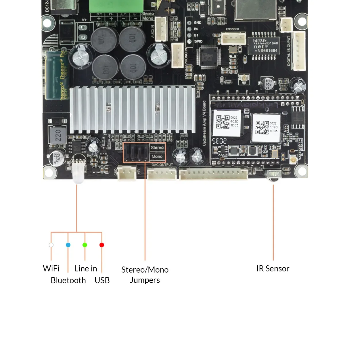 Аудиоресивер Up2Stream V4 WiFi BT HiFi, многокомнатный модуль для потоковой передачи звука «сделай сам»