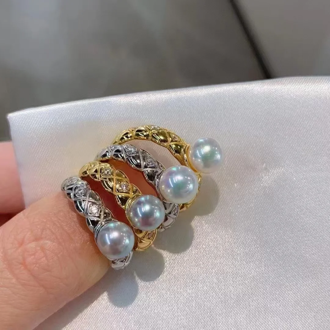 

Fashion Luxury CC Diamond Style 925 Silver High Luster Natural Pearl 7-8mm Open Band Intertwined Gold Rings Jewelry For Women