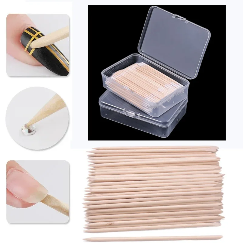 100pcs/Box Double Ended Wooden Cuticle Pusher Nail Art Manicure Pedicure Tools Dead Skin Remove Orange Take Glue Stick Pusher