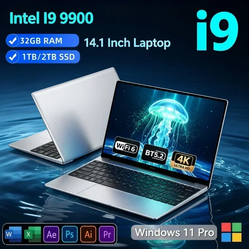 14.1 Inch Big Memory Ultra Slim Laptop 2026 Intel I9‑9900 Processor 32GB RAM 2TB SSD Windows 11 Game Office Daily Work Notebook