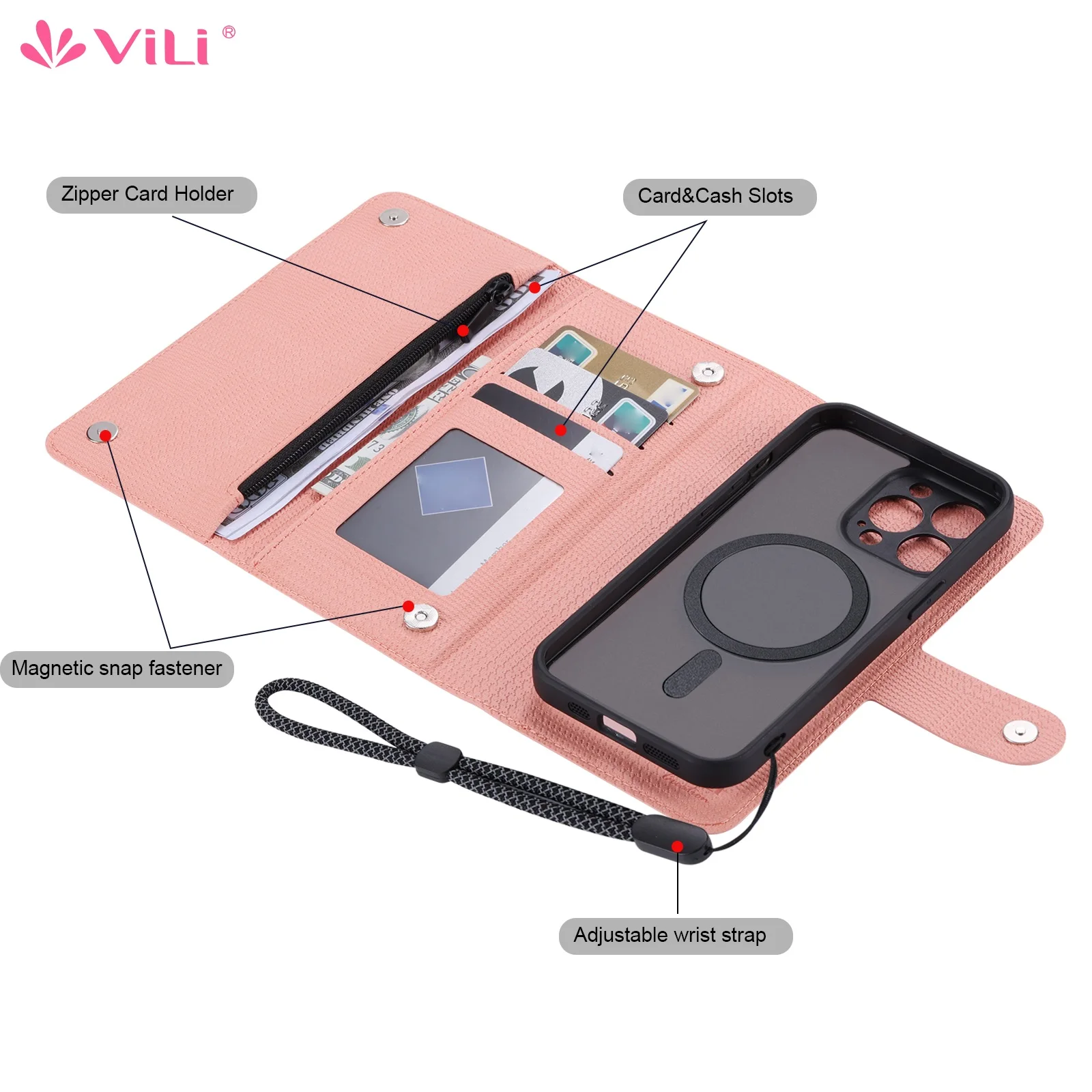 ViLi Removable wallet MagSafe case for iPhone15 Pro Max 13 14pro,Magnetic case Zipper cute wallet(RFID Blocking)cardholder