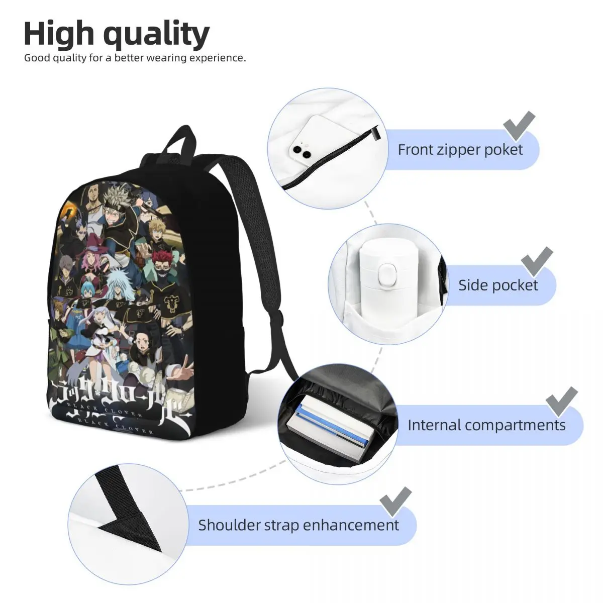 Black-Clovers Anime Manga Backpack for Men Women Casual Student Hiking Travel Daypack Laptop Computer Shoulder Bag Outdoor